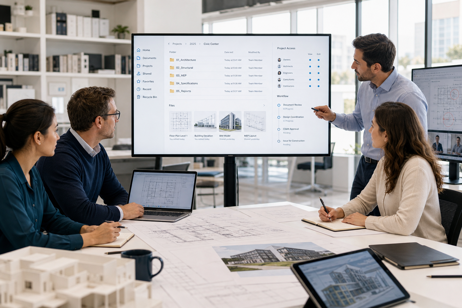 Architecture firm team reviewing SharePoint and OneDrive project collaboration for CAD and BIM files.
