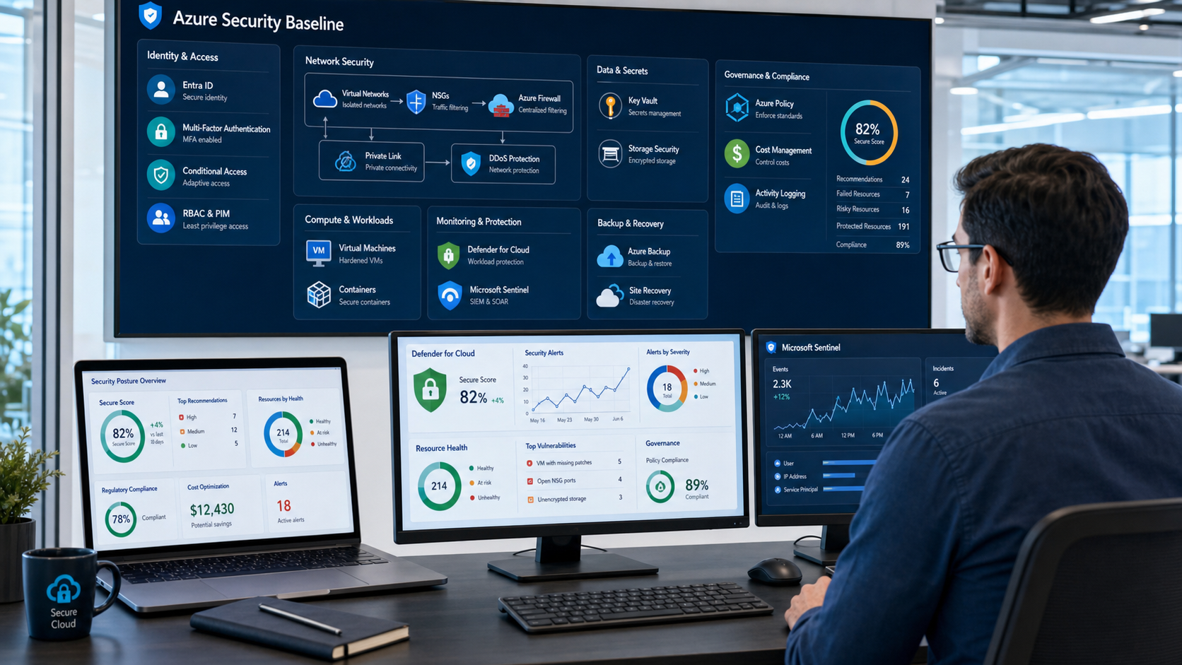 Azure security baseline architecture dashboard for identity networking virtual machines storage logging backup governance and cloud risk management