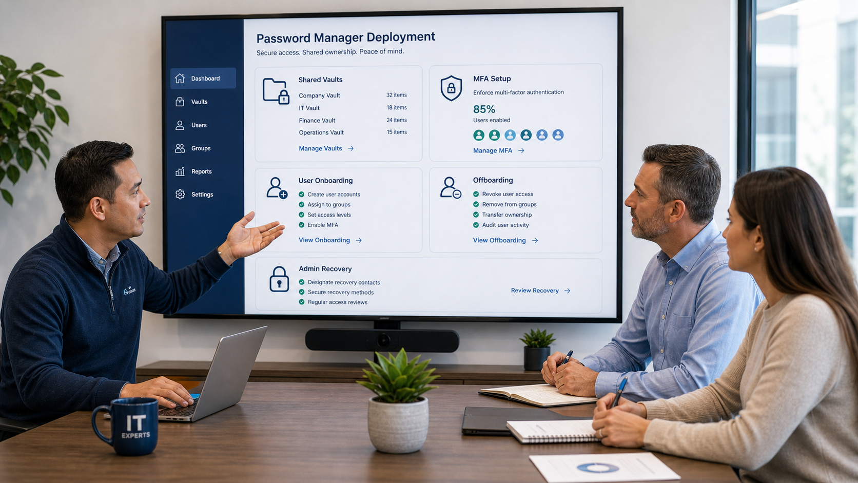 Business password manager rollout dashboard showing shared vaults MFA onboarding offboarding and admin recovery.