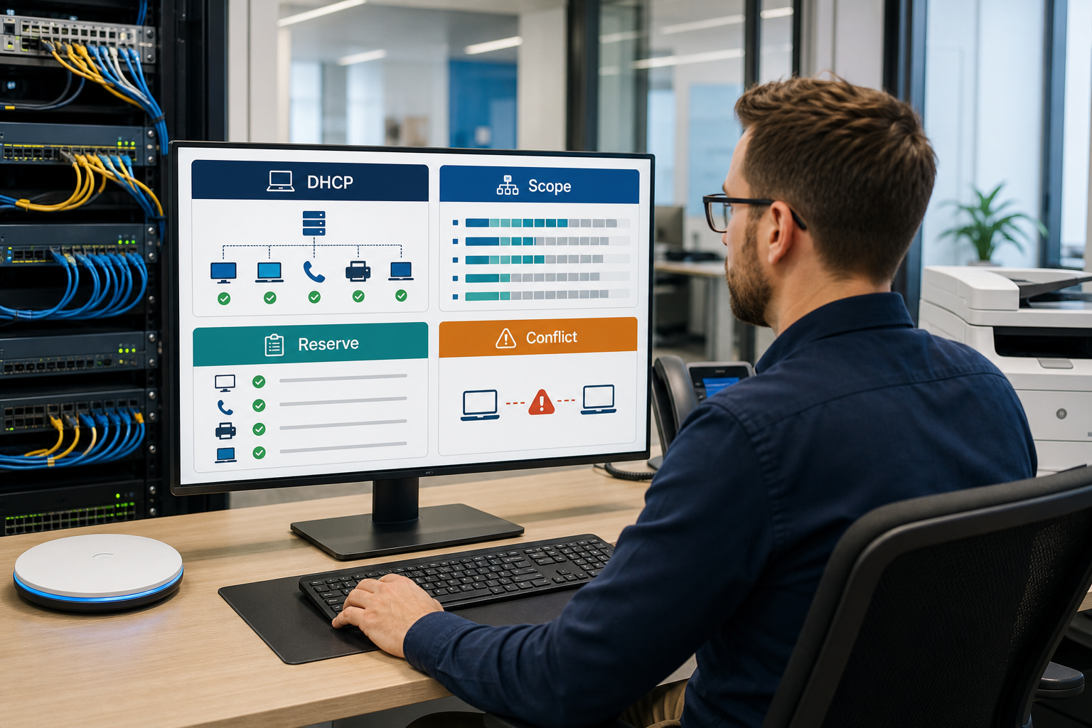 DHCP scope reservations and IP address planning dashboard for office networks