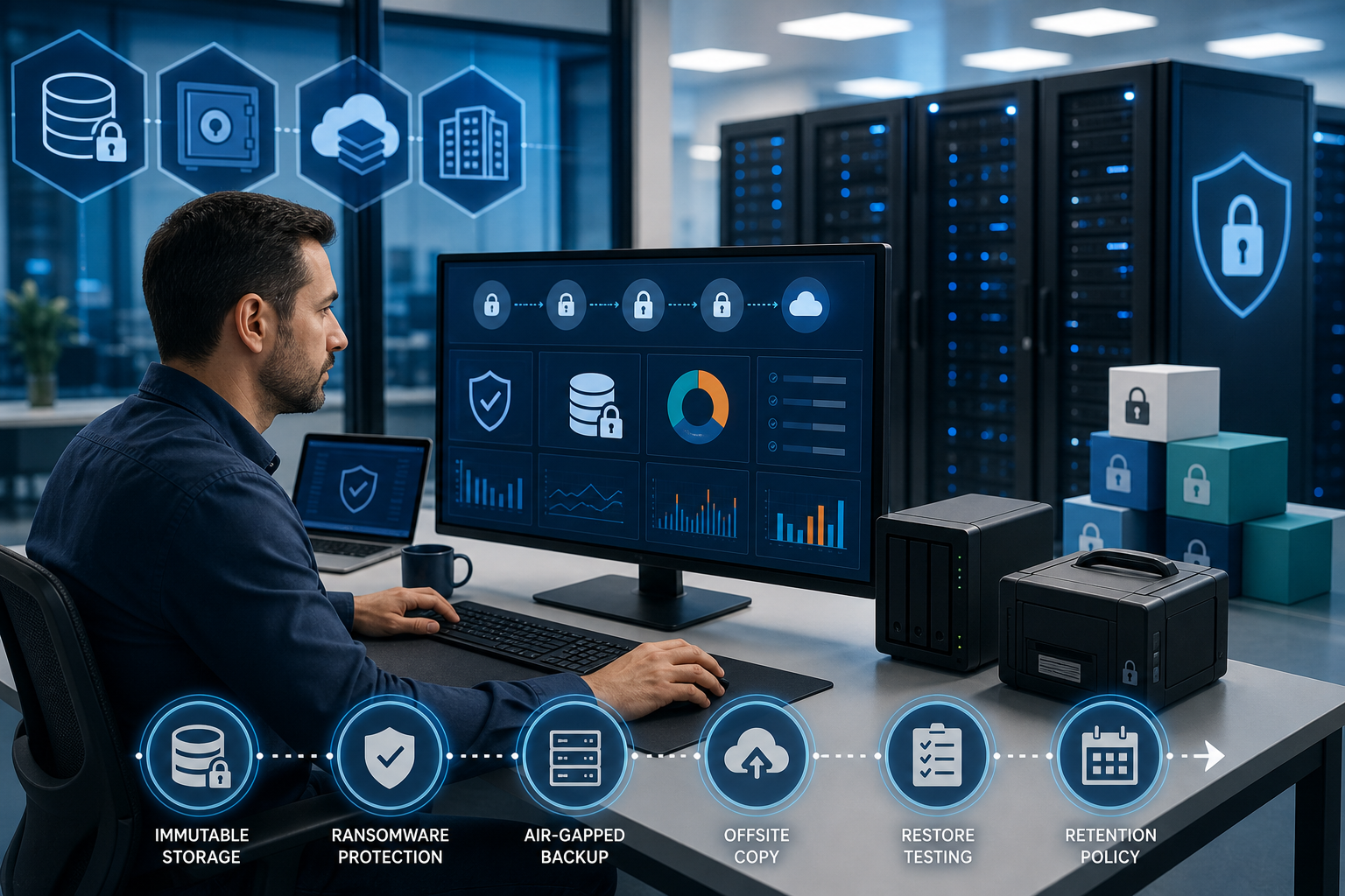 Immutable backup best practices with locked storage ransomware protection air gapped backup offsite copy restore testing and retention policy