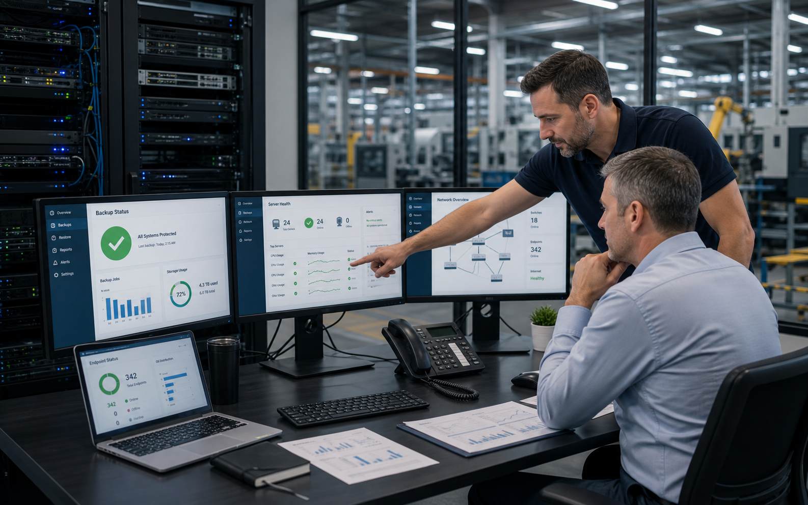 Manufacturing server backup and network monitoring support