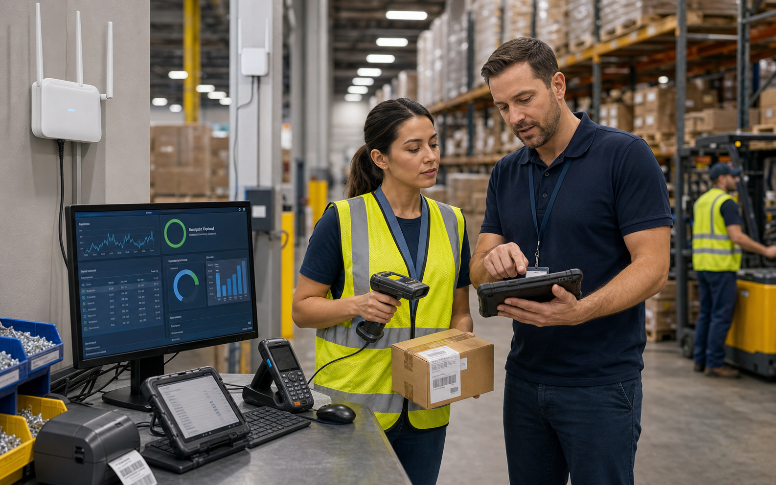Warehouse Wi-Fi barcode scanner and label printer IT support for manufacturing companies