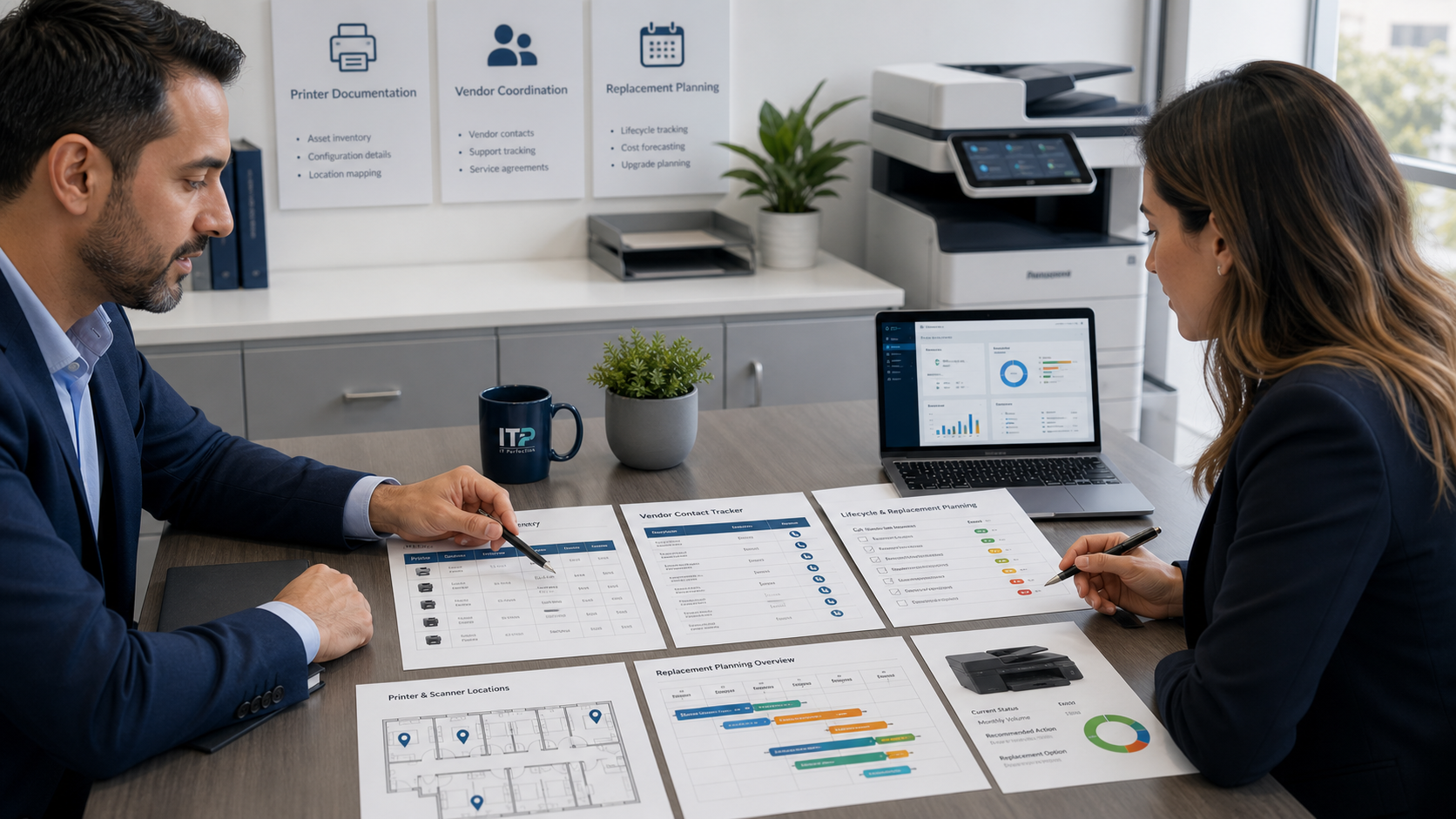 Printer documentation vendor coordination and replacement planning for business offices