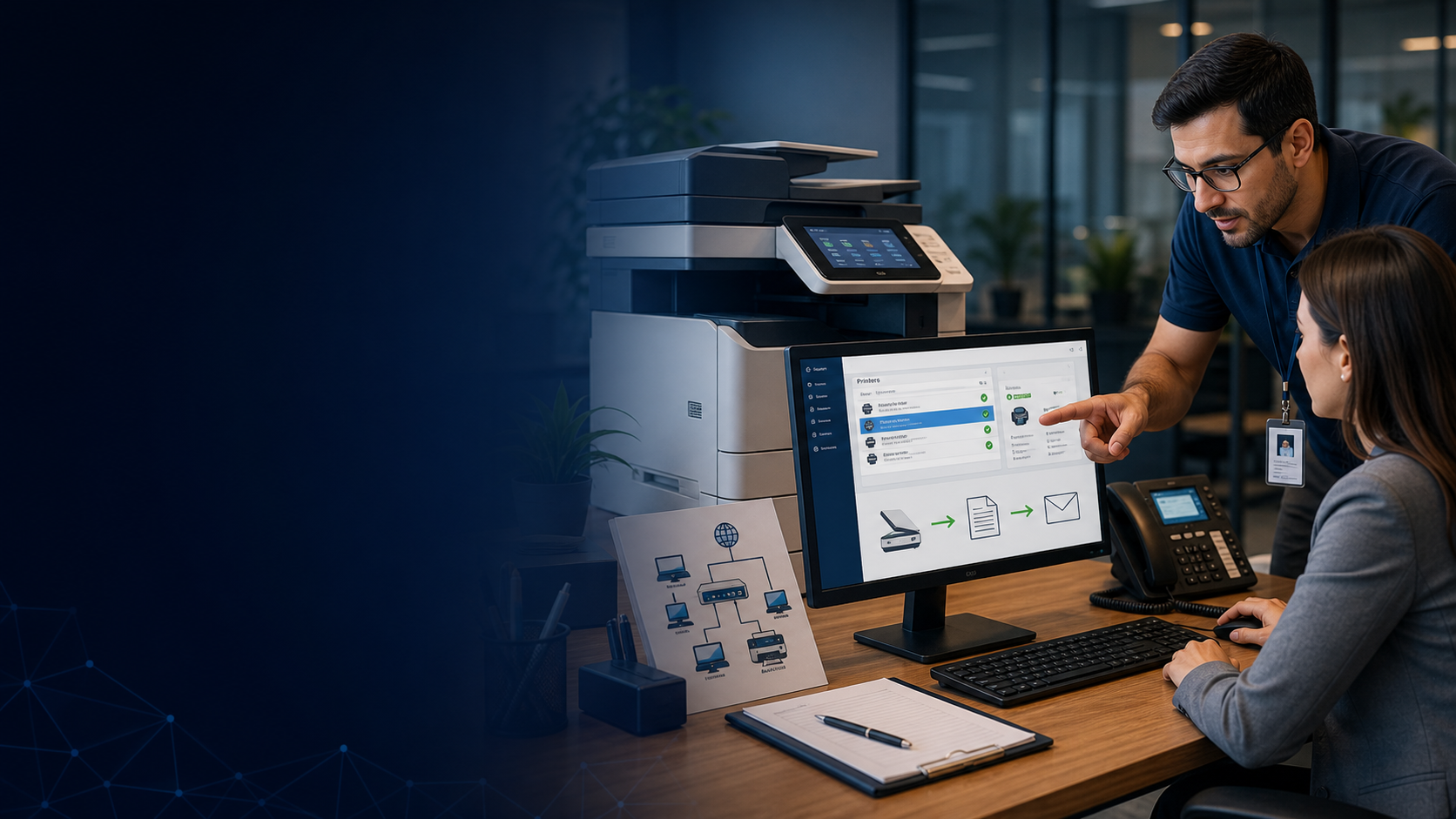 Scanner-to-email and printer support workflow for business offices