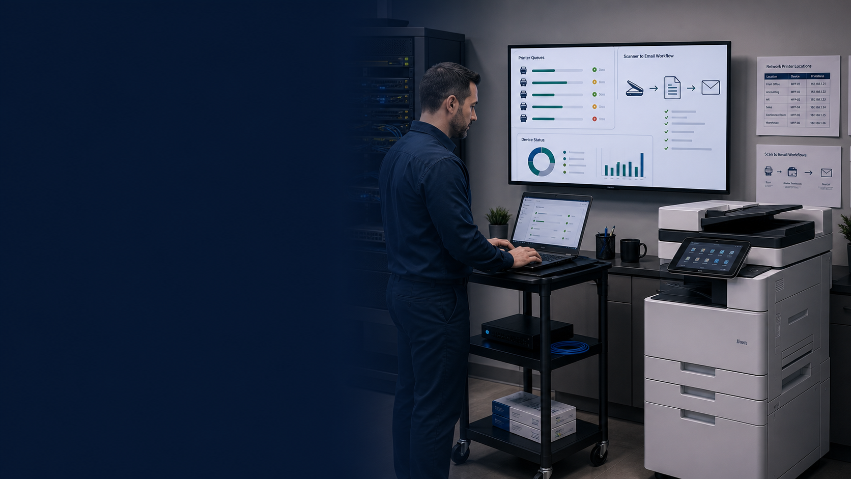 Print server coordination and network printer support for business offices