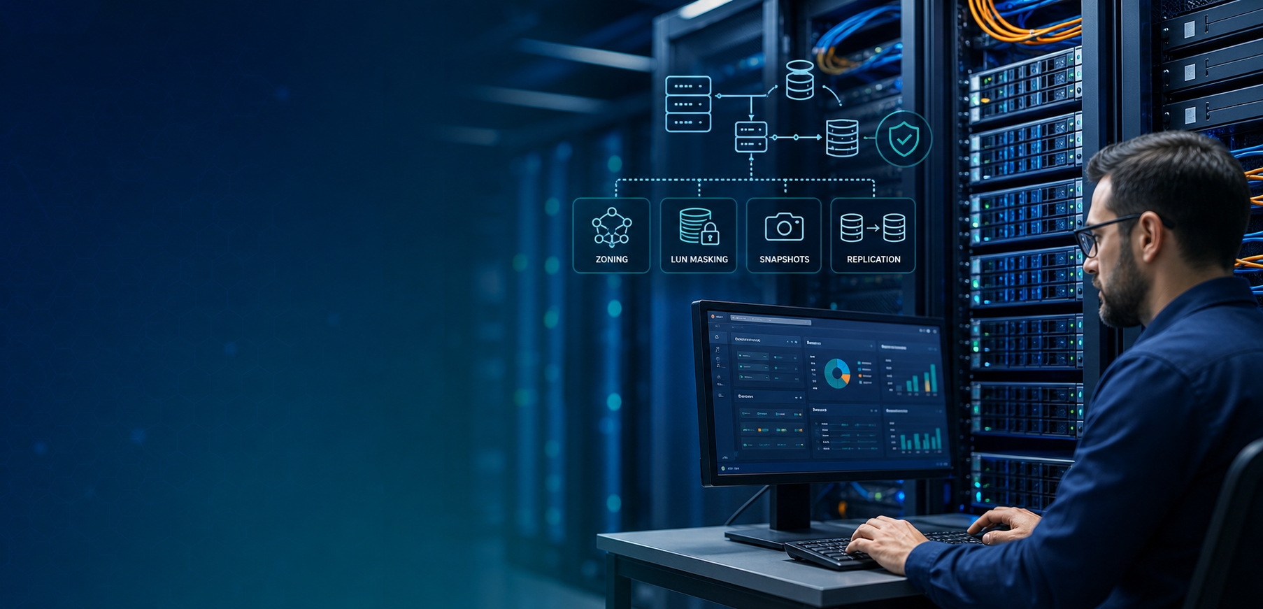 SAN storage security guide showing storage arrays, zoning, LUN masking, snapshots, replication, and secure infrastructure monitoring