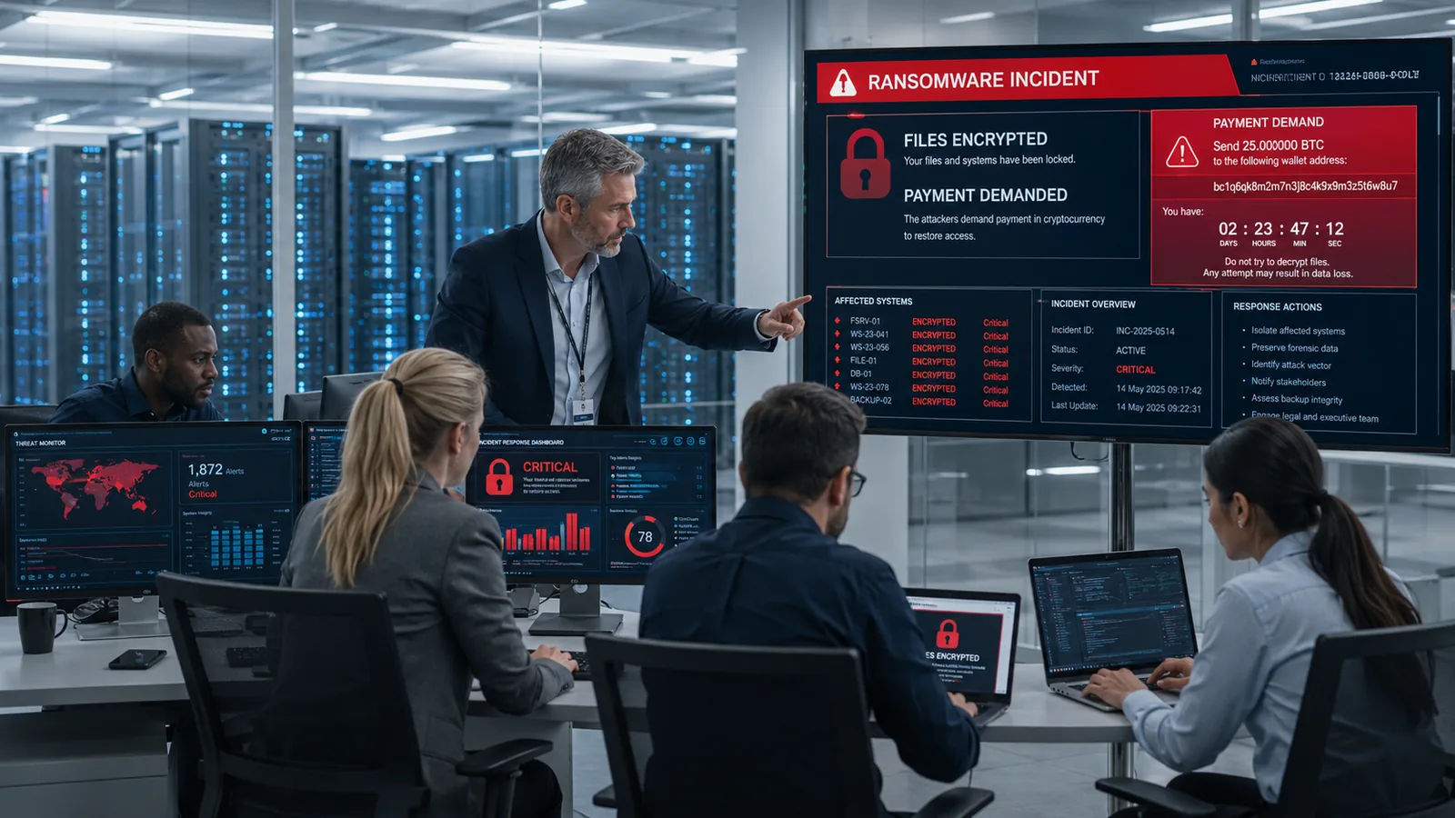 Cybersecurity response team coordinating actions during a ransomware incident