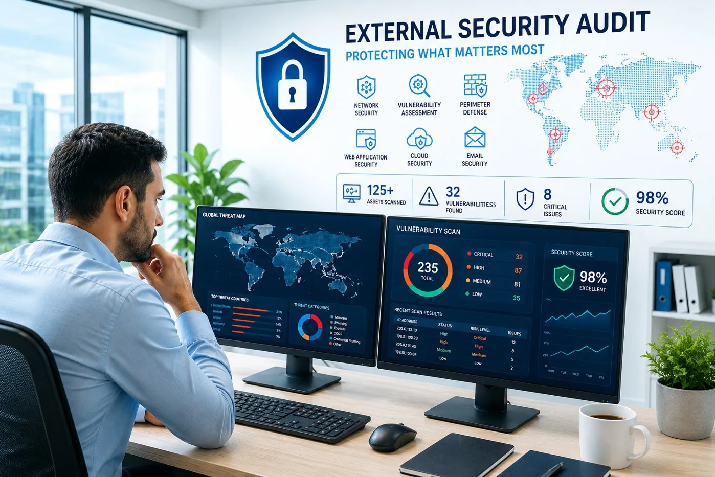 External cybersecurity audit dashboard showing vulnerability findings and security posture metrics