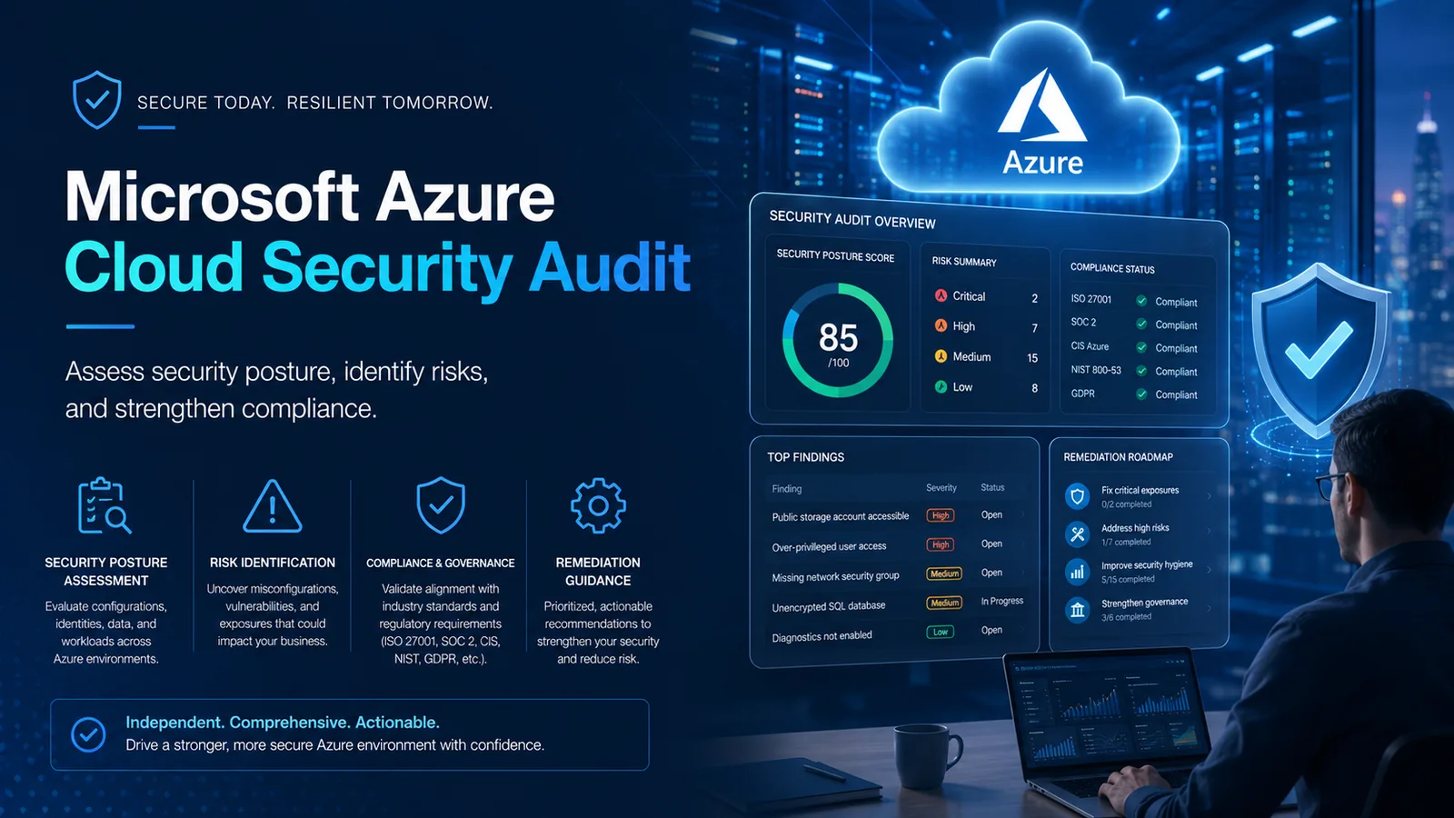Microsoft Azure cloud security audit overview with posture score, findings, and remediation roadmap