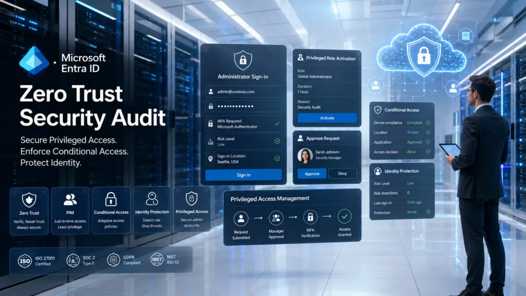 Microsoft Entra ID Zero Trust security audit showing privileged access and identity protection controls