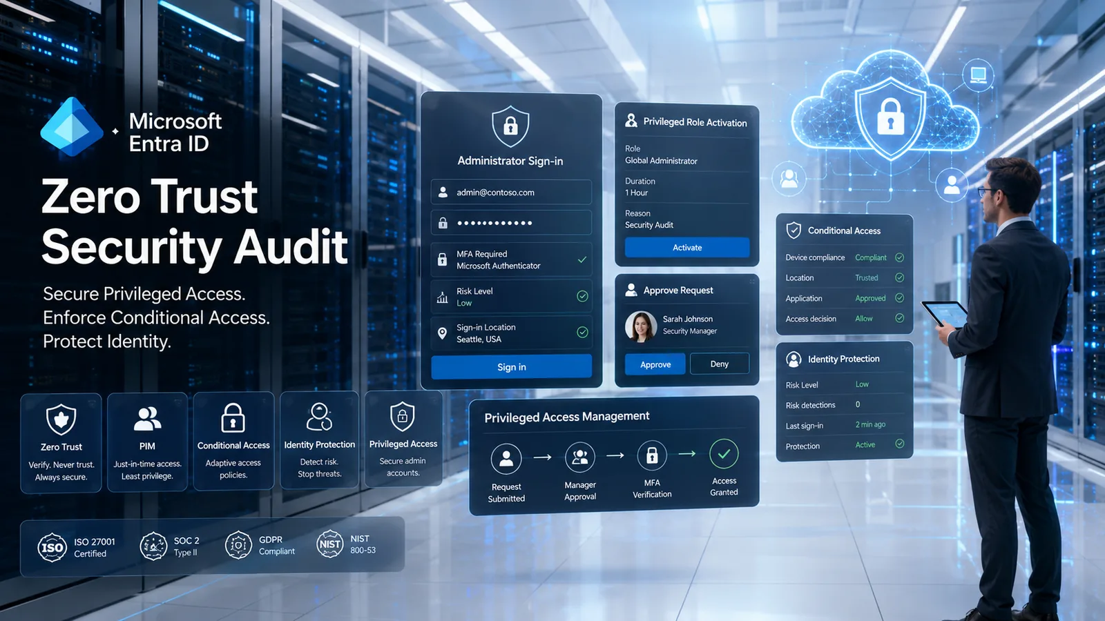 Microsoft Entra ID Zero Trust security audit showing privileged access and identity protection controls