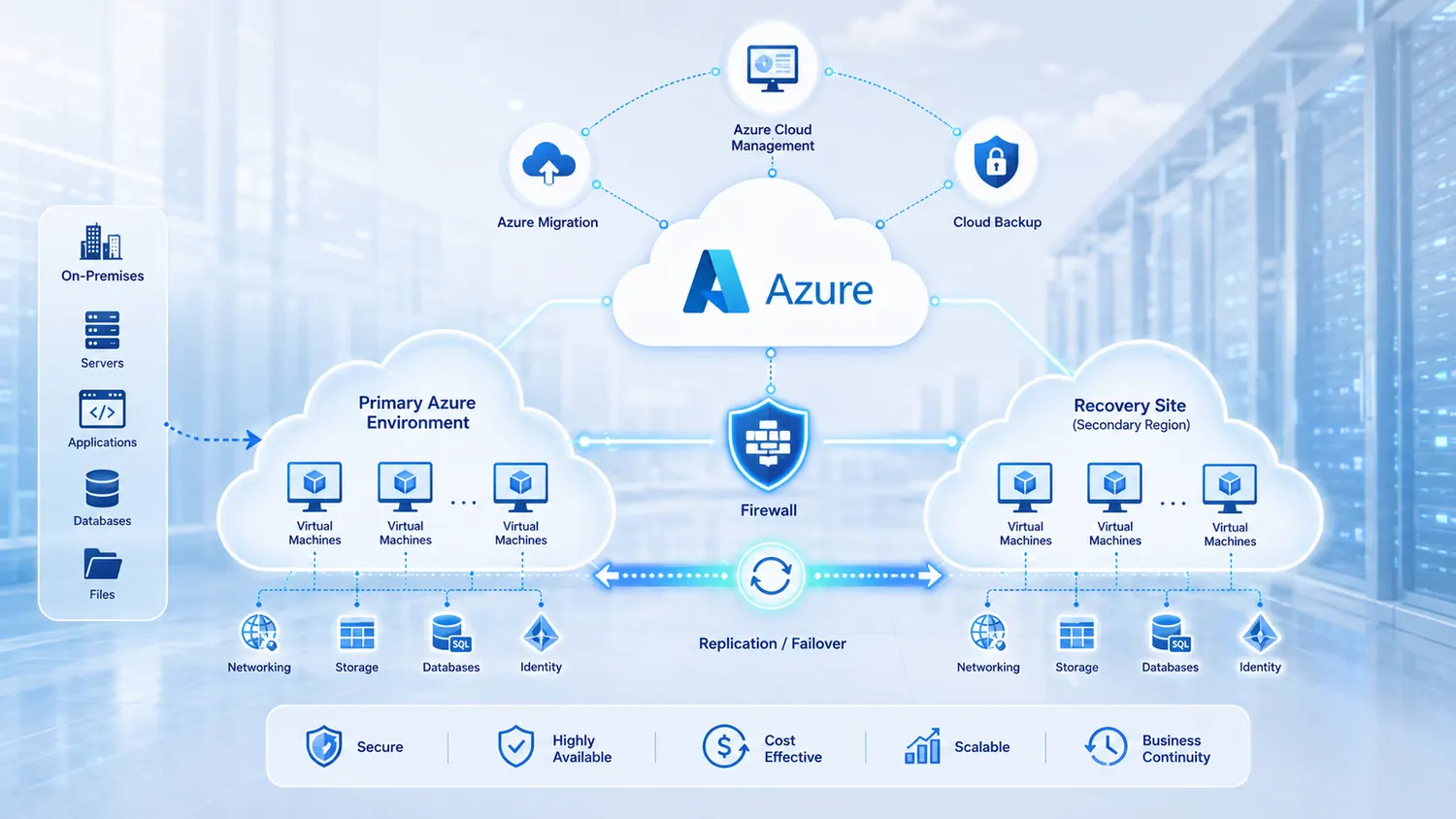 Azure architecture diagram showing migration, virtual machines, backup, firewall, replication, failover, networking, storage, databases, and identity