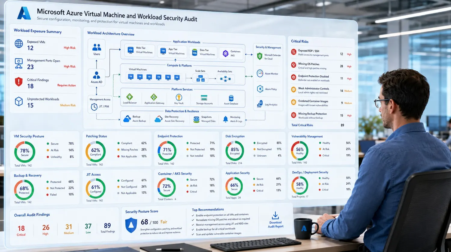 Microsoft Azure virtual machine and workload security audit dashboard with risk findings, security posture, patching, backup, encryption, and recommendations