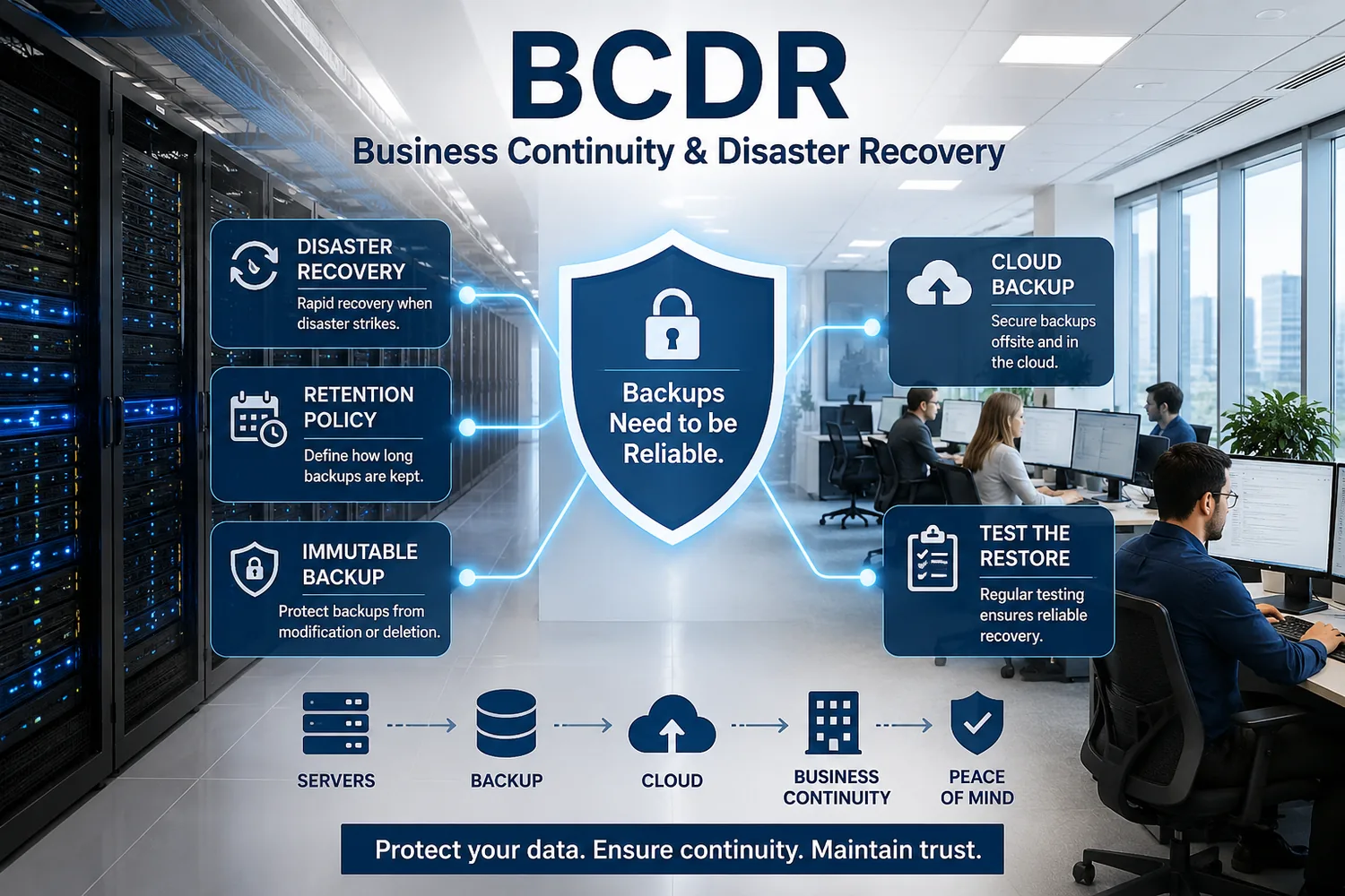 Business continuity and disaster recovery infographic showing disaster recovery, cloud backup, retention policy, immutable backup, restore testing, and a business continuity path