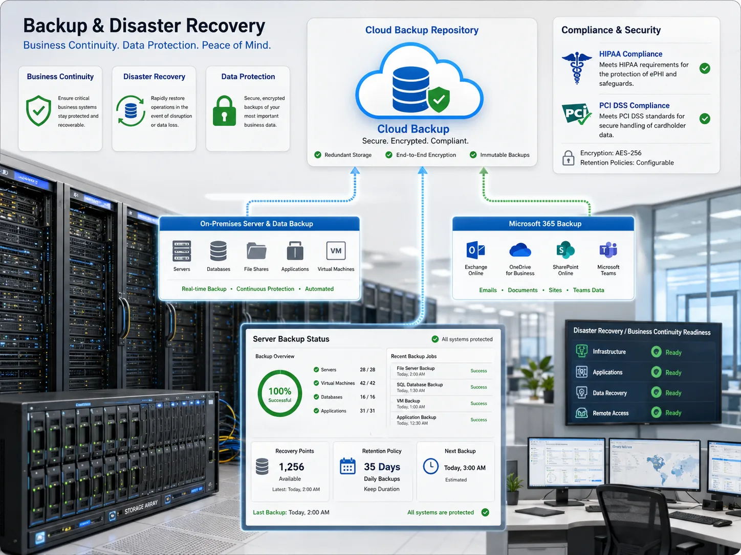 Backup and disaster recovery monitoring dashboard with cloud backup repository, immutable backups, Microsoft 365 protection, retention policy, and restore readiness indicators