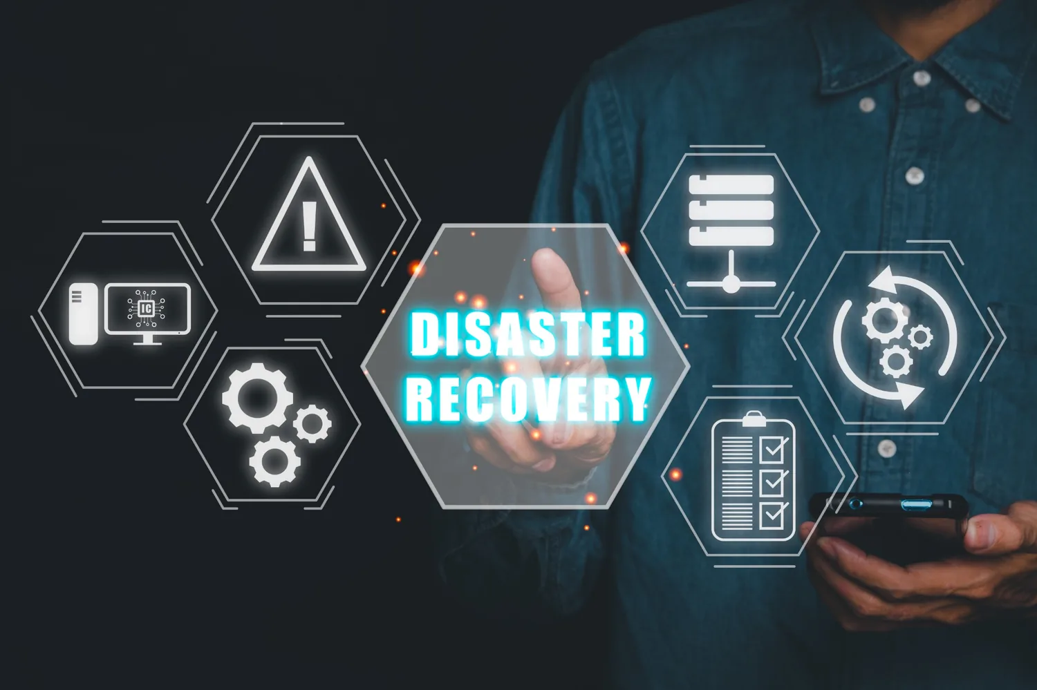 Disaster recovery concept with recovery, infrastructure, warning, and checklist icons