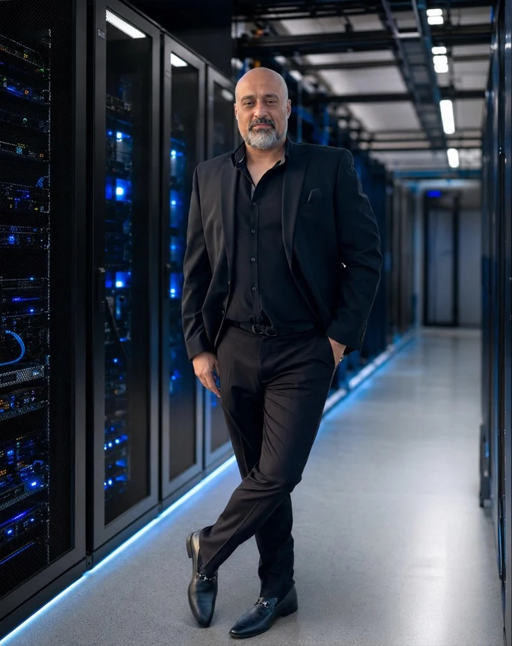 Ali Hassani, CISO and network cybersecurity consultant, standing in a professional server room
