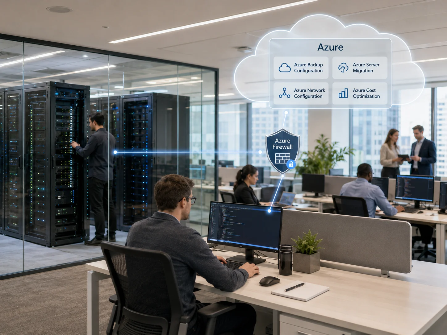 Professional IT operations environment with Azure cloud management, firewall protection, backup configuration, server migration, network configuration and cost optimization