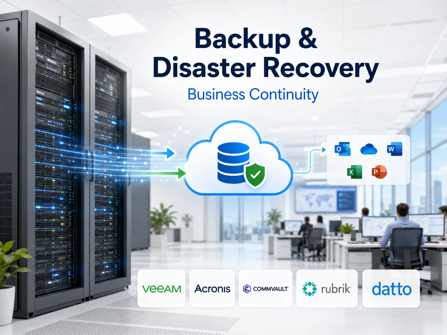 Backup and disaster recovery business continuity diagram showing protected cloud backup and Microsoft 365 applications