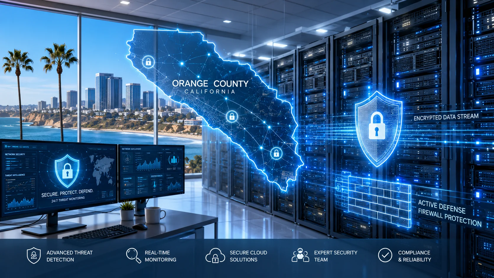 Orange County California cybersecurity operations visual with secure data streams, active firewall protection, real-time monitoring, cloud security and local business support