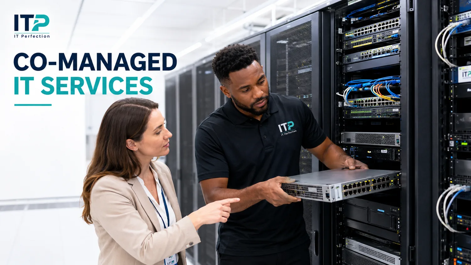 ITperfection engineer working with a business manager beside network equipment for co-managed IT services