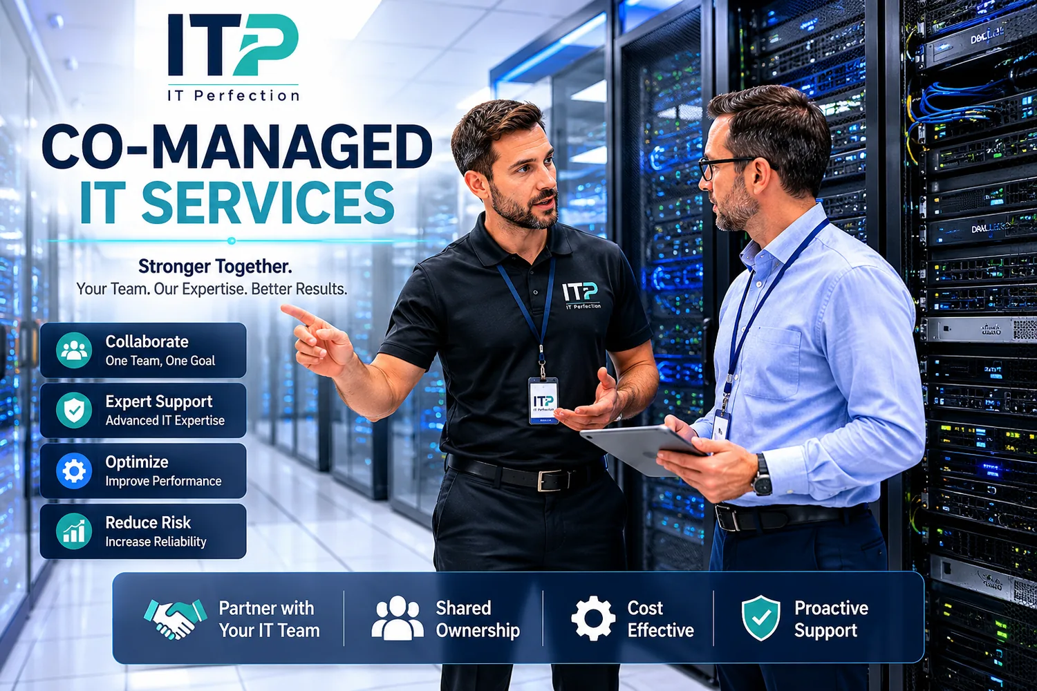 Co-managed IT services deliverables including collaboration, expert support, optimization, reduced risk, and proactive support