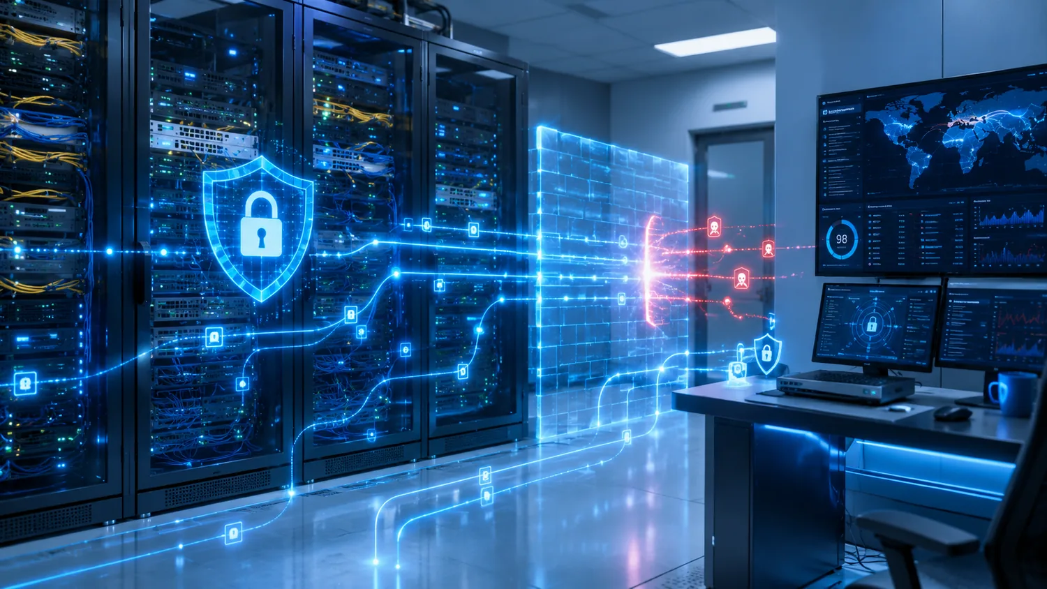 Layered cybersecurity controls protecting business servers and network infrastructure