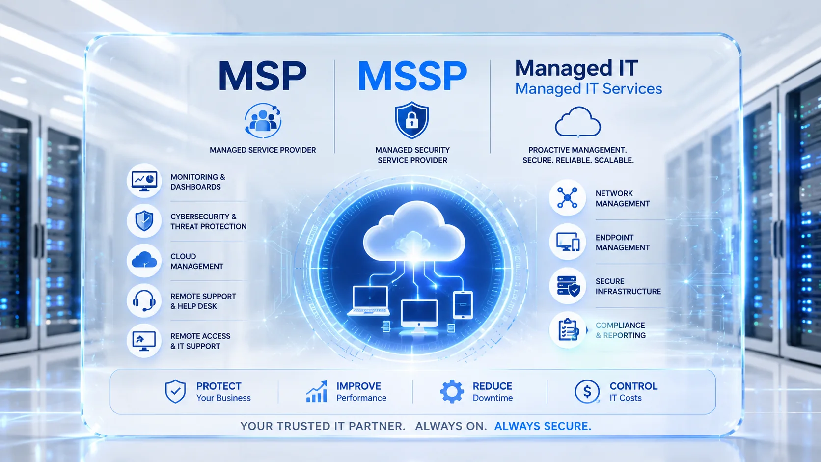 Managed IT services, MSP, MSSP, cloud management, cybersecurity, monitoring, endpoint management, and secure infrastructure