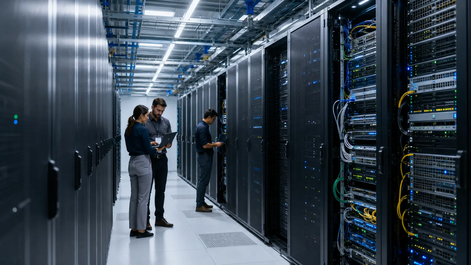 IT professionals reviewing server and network infrastructure in a data center