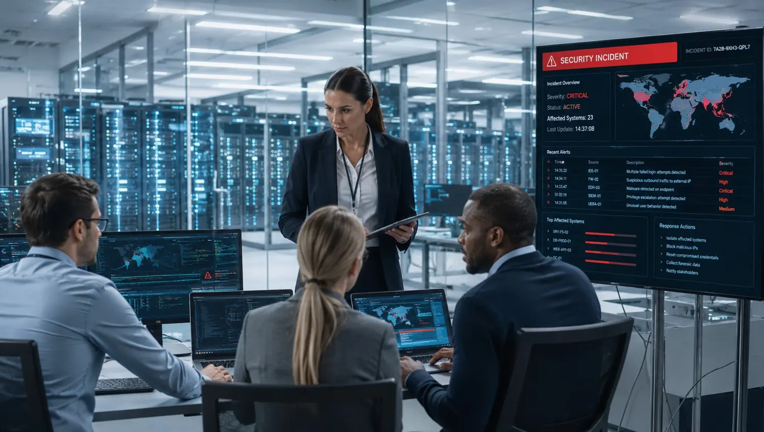 Cybersecurity incident response team reviewing security alerts in a network operations environment