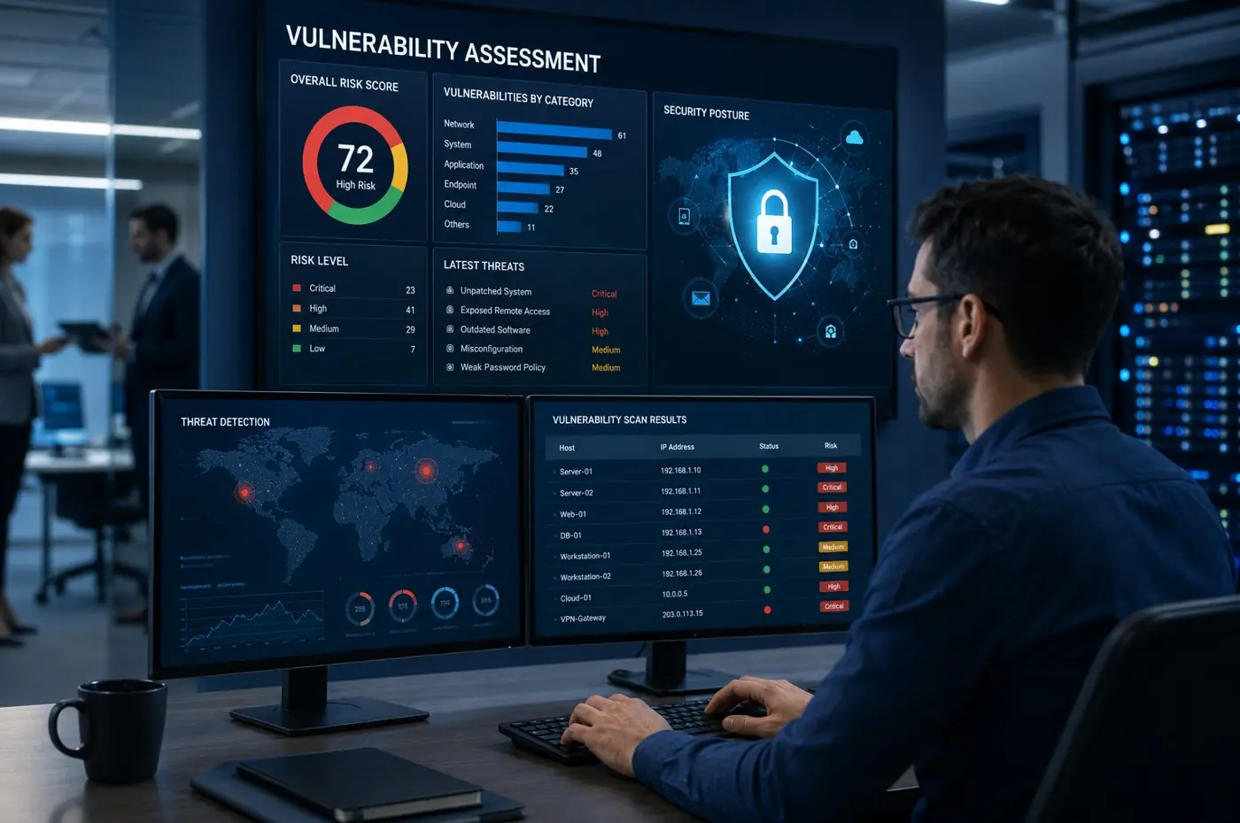 Vulnerability assessment dashboard showing security posture, risk scores, threats, and scan results