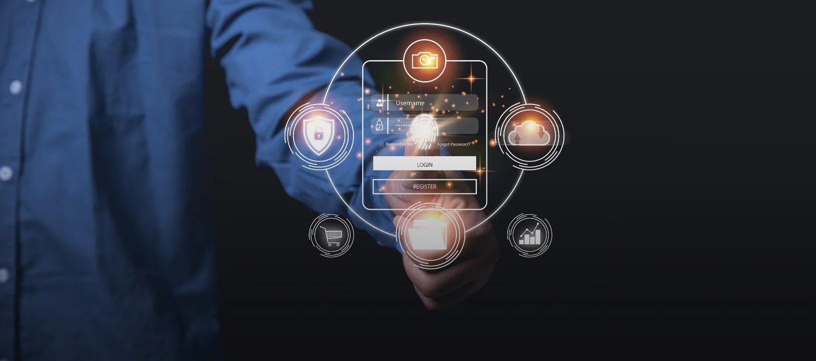 Business professional using a laptop with layered endpoint security and access-control icons