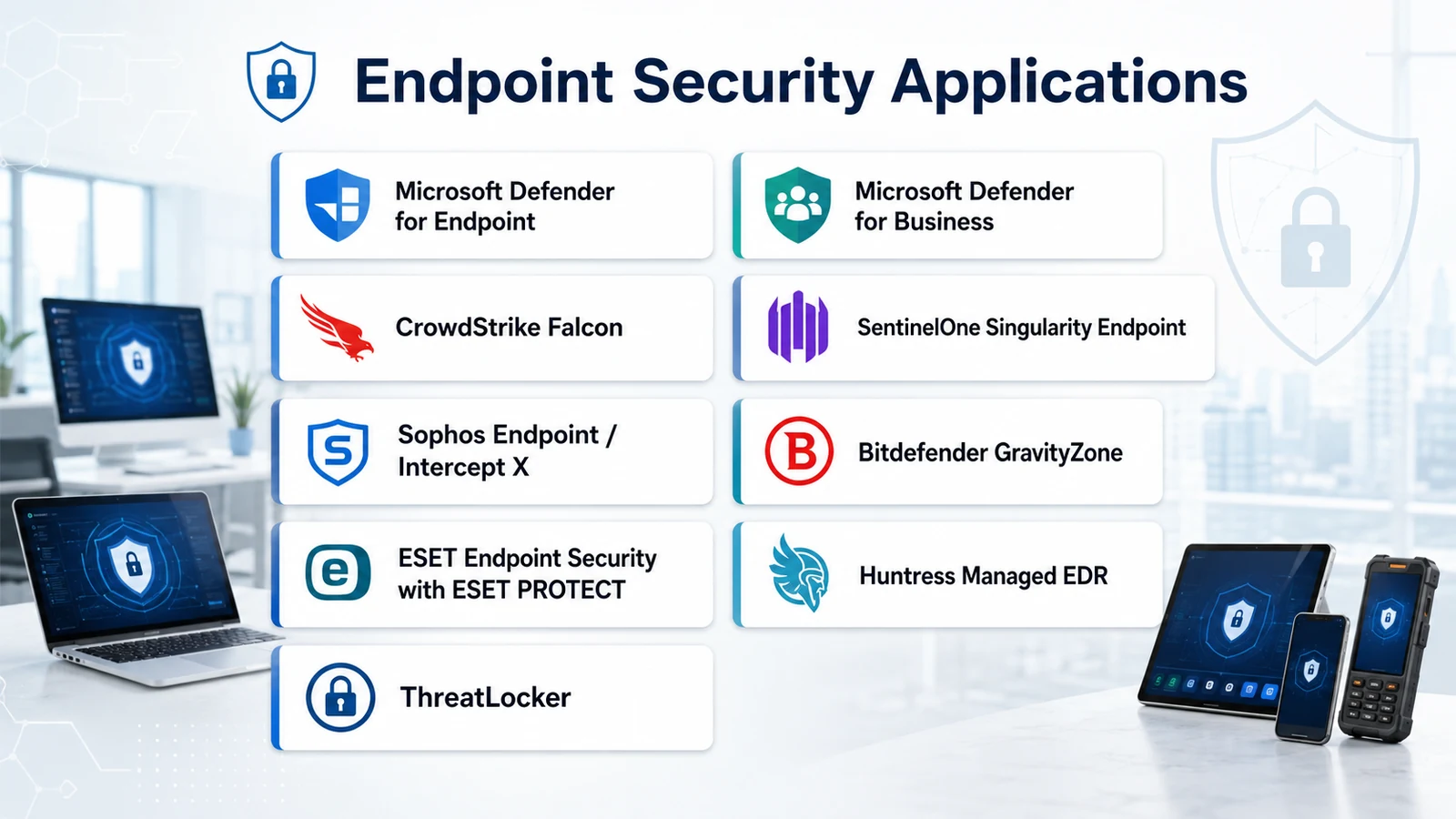 Endpoint security application examples for desktops, laptops, servers, and mobile devices