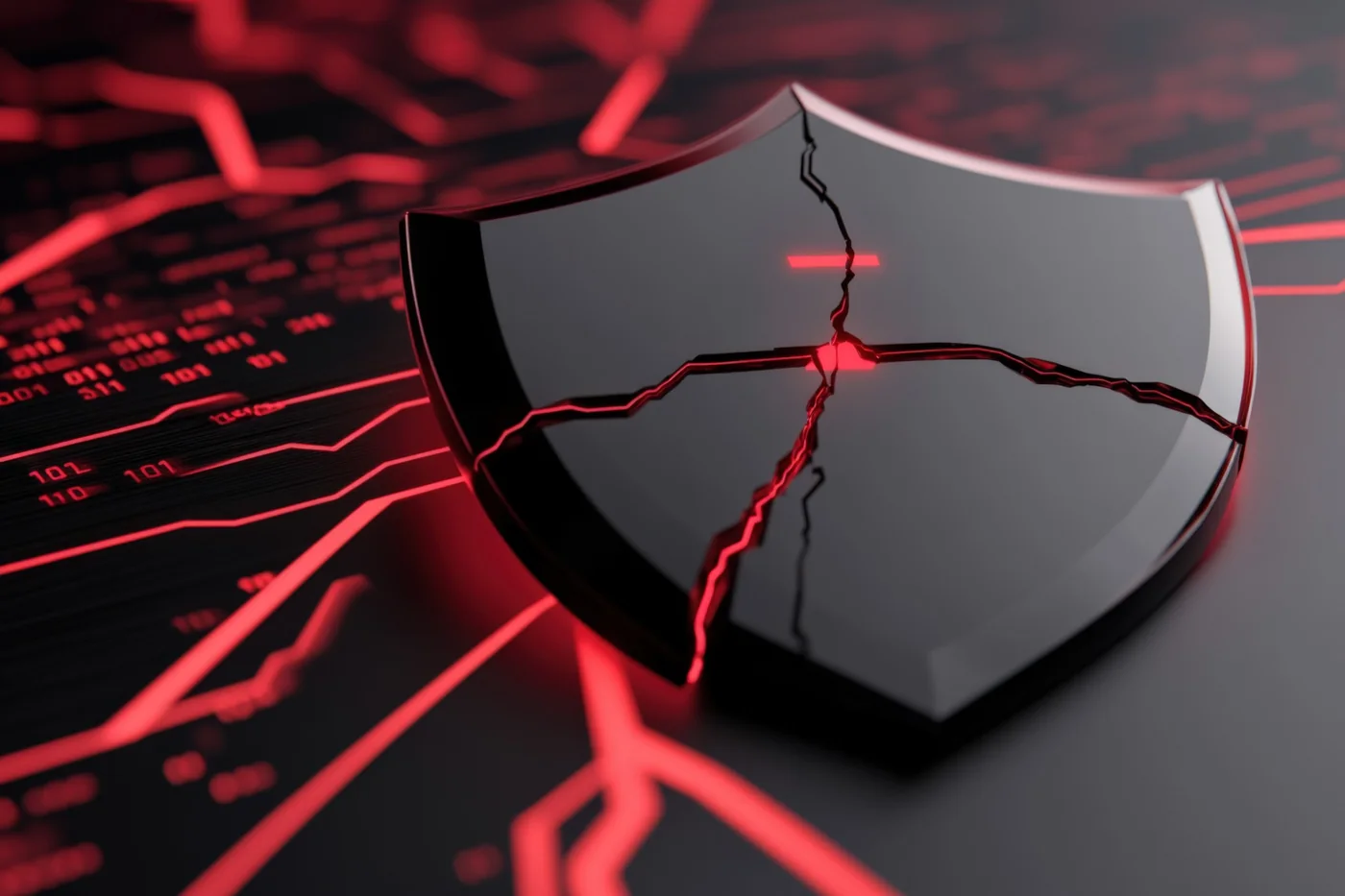 Cracked digital shield representing endpoint security vulnerabilities and gaps