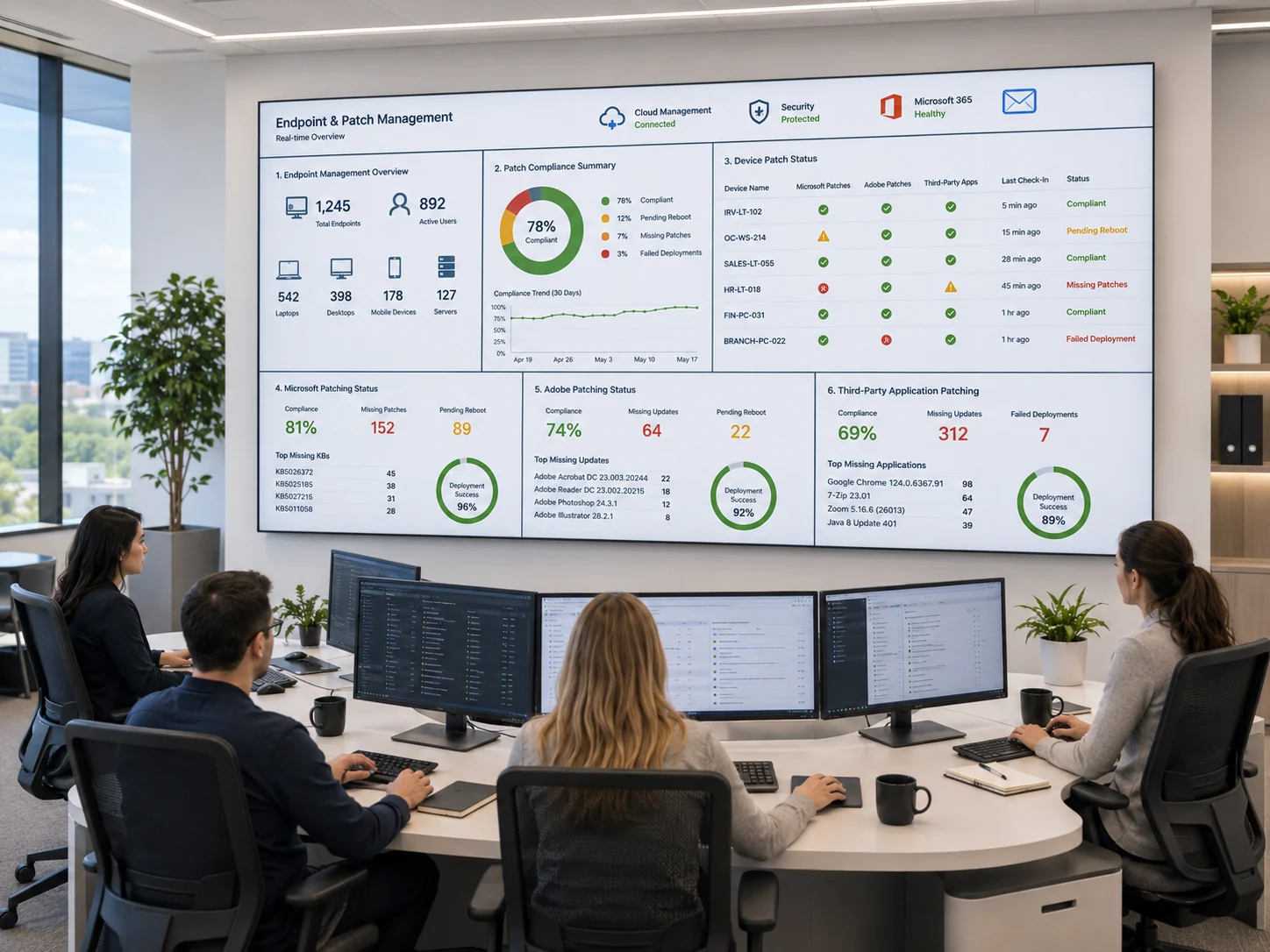 Endpoint and patch management dashboard showing device inventory, patch compliance, missing updates, and deployment status