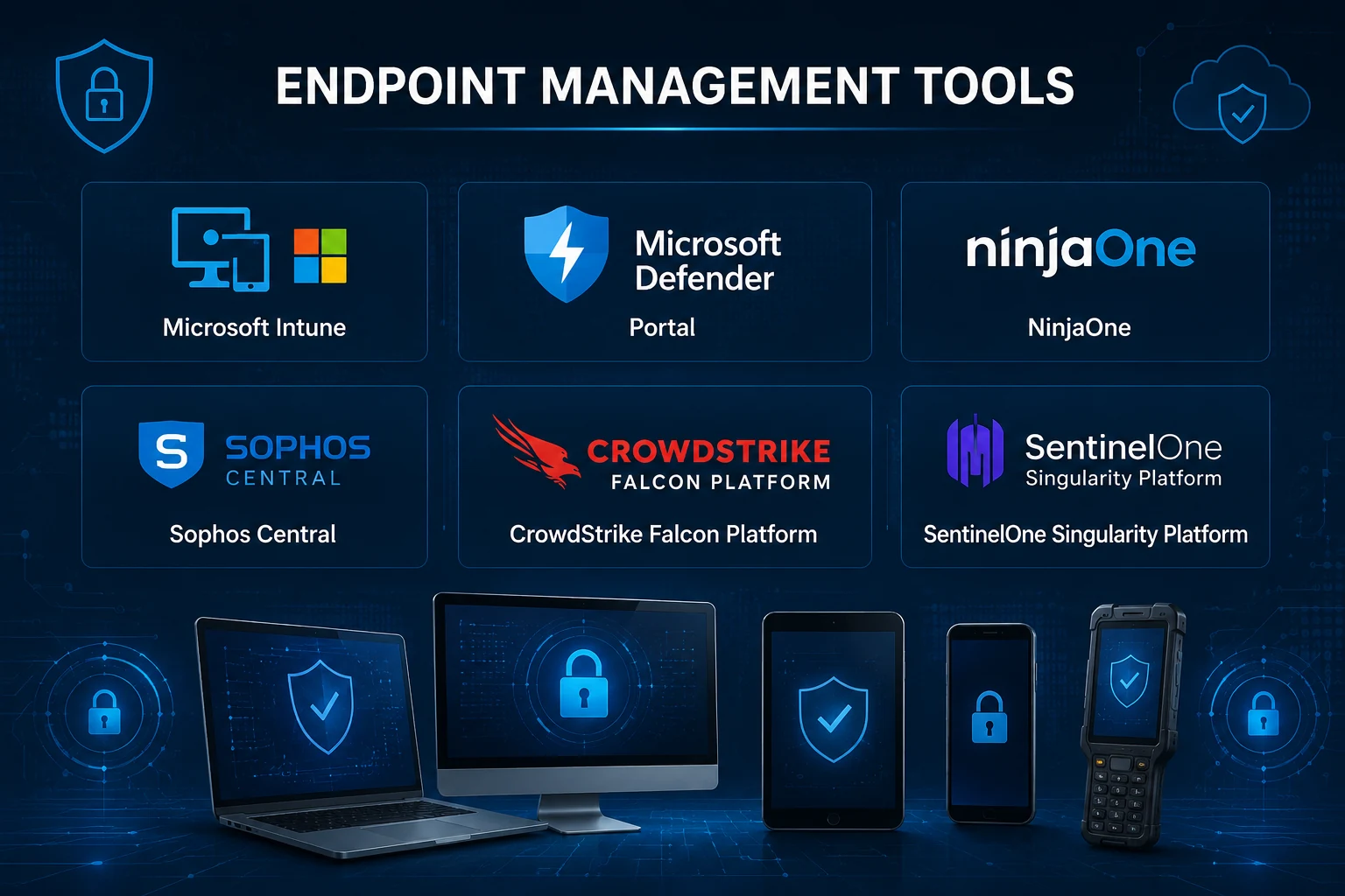 Endpoint management platform examples including Microsoft Intune, Defender Portal, NinjaOne, Sophos Central, CrowdStrike Falcon Platform, and SentinelOne Singularity Platform