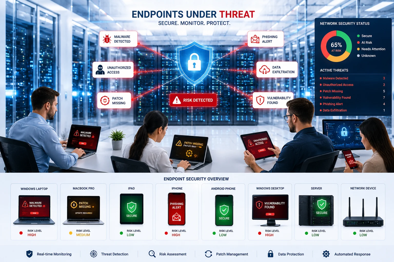 Endpoint security overview showing laptops, phones, servers, network devices, alerts, patch gaps, phishing, malware, vulnerability findings, monitoring, and automated response