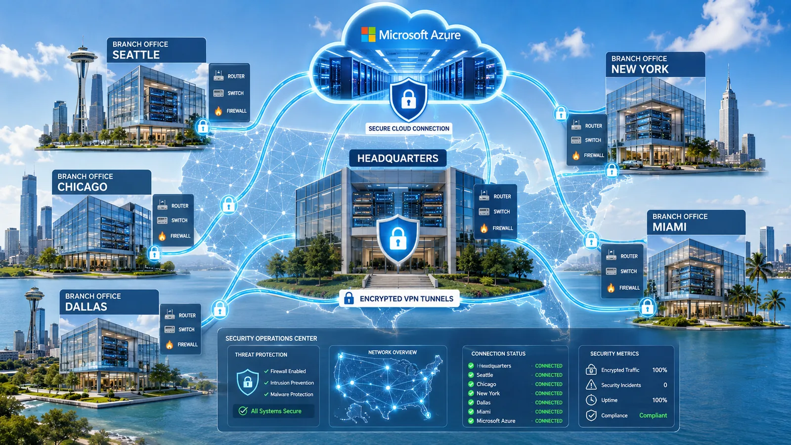 Secure multi-site business network with headquarters, branch offices, encrypted VPN tunnels, and Microsoft Azure cloud connectivity