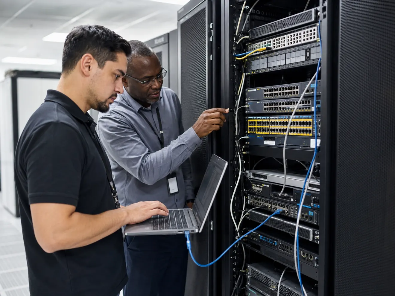 IT professionals reviewing network switches, routers, and cabling in a server rack