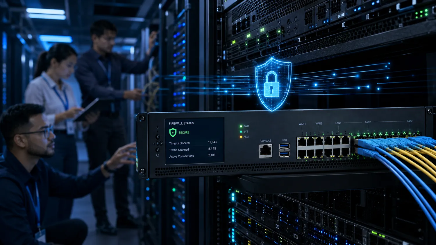 Firewall appliance with secure status display and network cabling in a data center