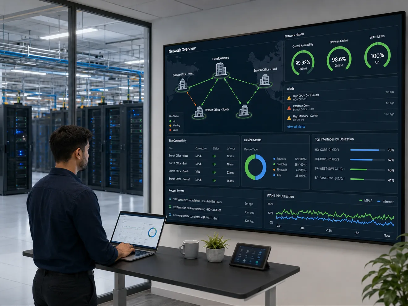 Network monitoring dashboard showing site connectivity, devices, uptime, alerts, and WAN utilization