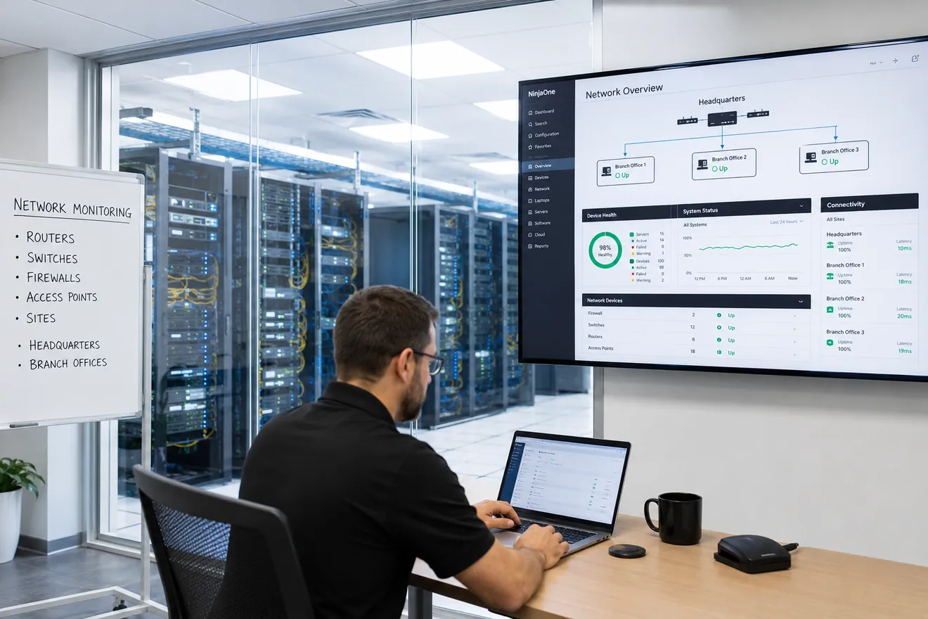 Network monitoring dashboard for headquarters, branch offices, routers, switches, firewalls, access points, and site connectivity