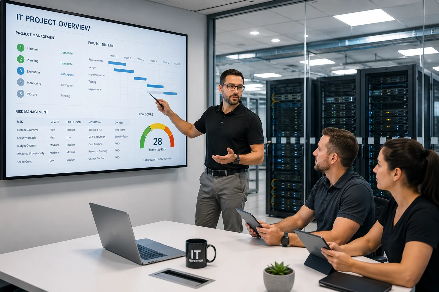IT project manager presenting a project timeline, risk management table, and implementation plan in a server room meeting