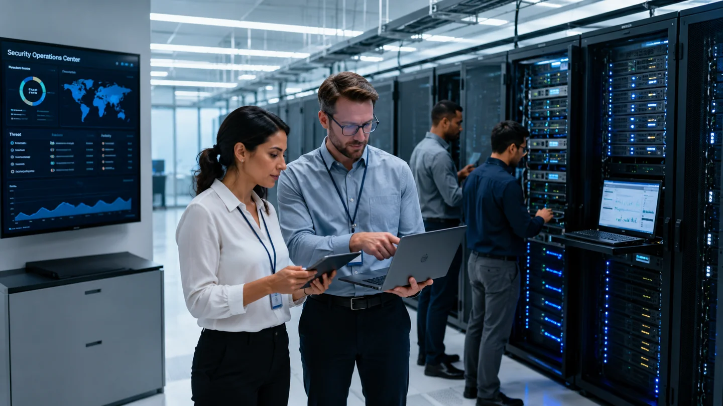 IT team coordinating server room operations, monitoring systems, and reviewing infrastructure documentation
