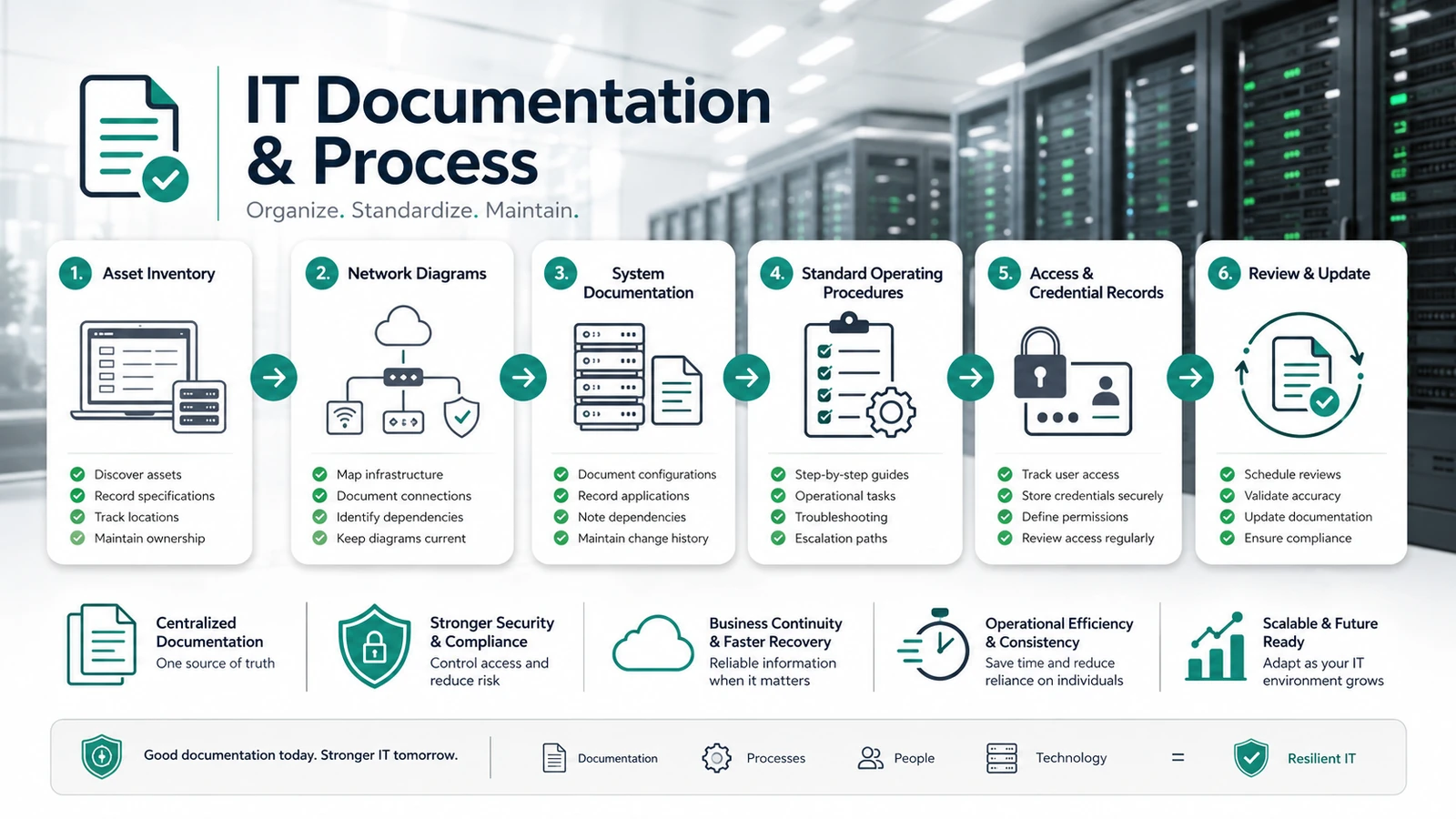 IT documentation and process infographic covering asset inventory, network diagrams, system documentation, standard operating procedures, access records, and review cycles