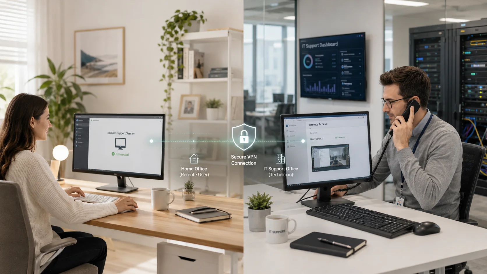 Secure remote IT support session connecting a home-office employee with an IT support technician