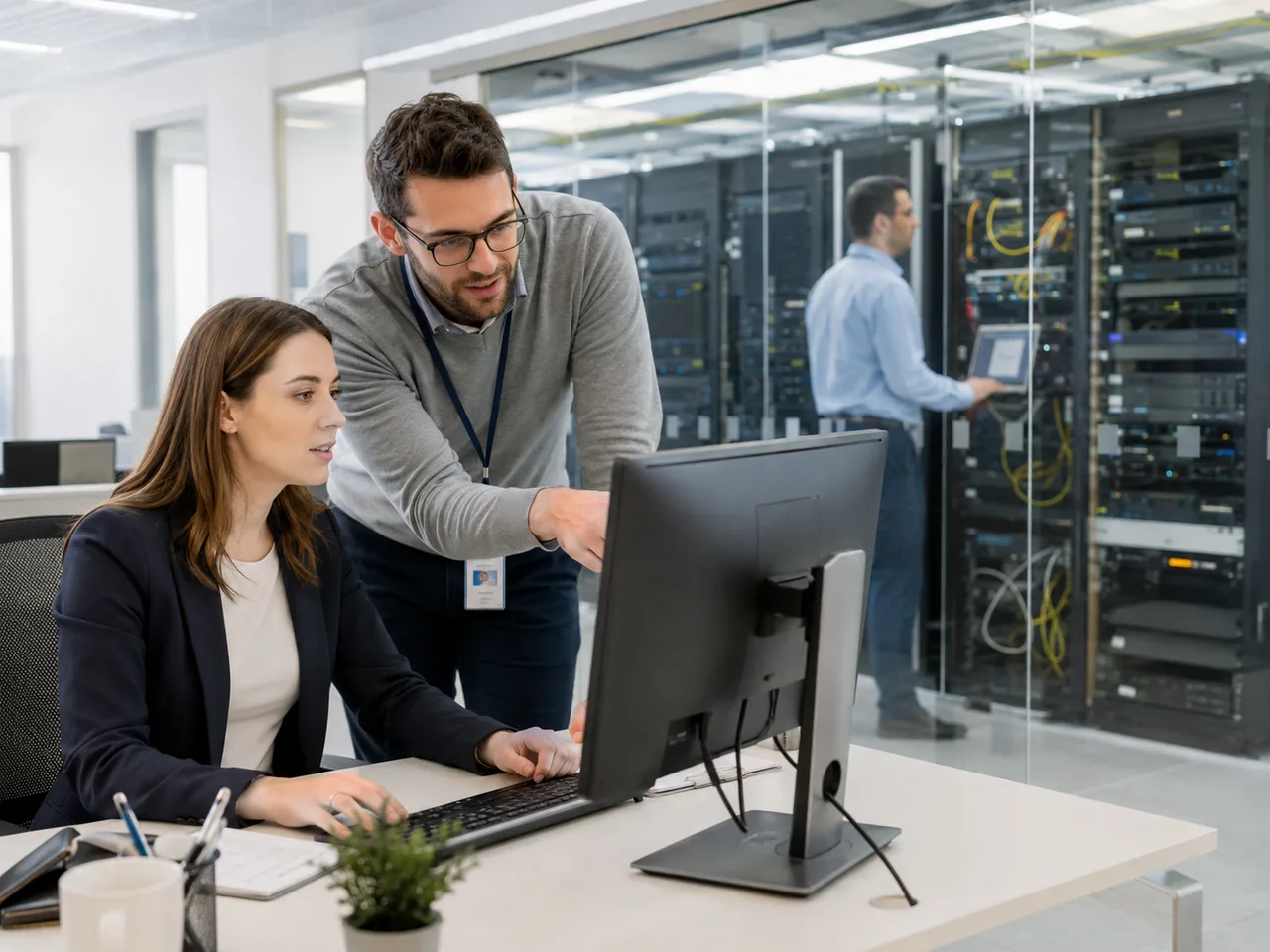 IT support specialist assisting an employee while another technician works near server racks