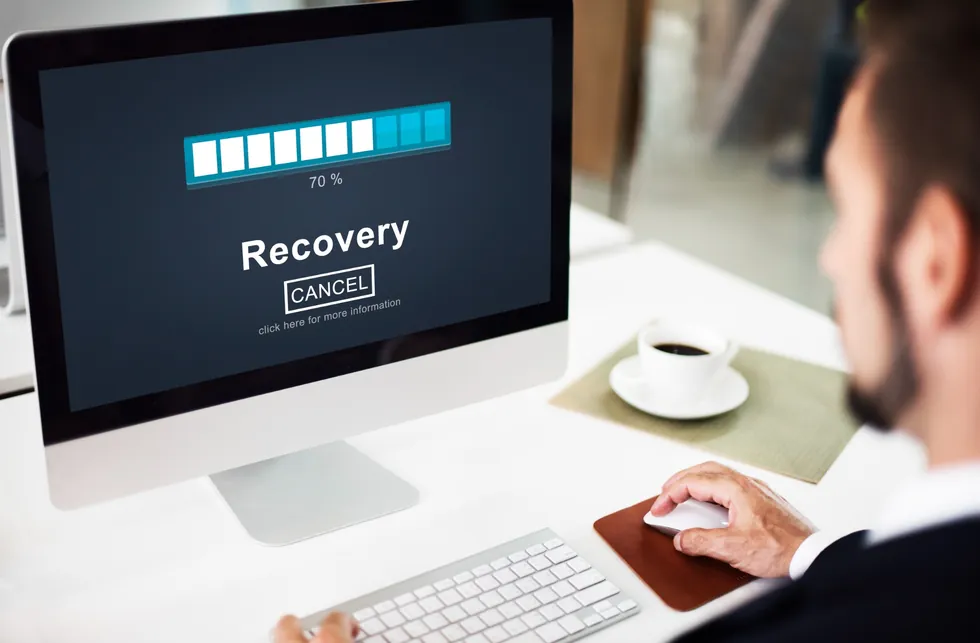 Business computer screen showing a data recovery progress interface