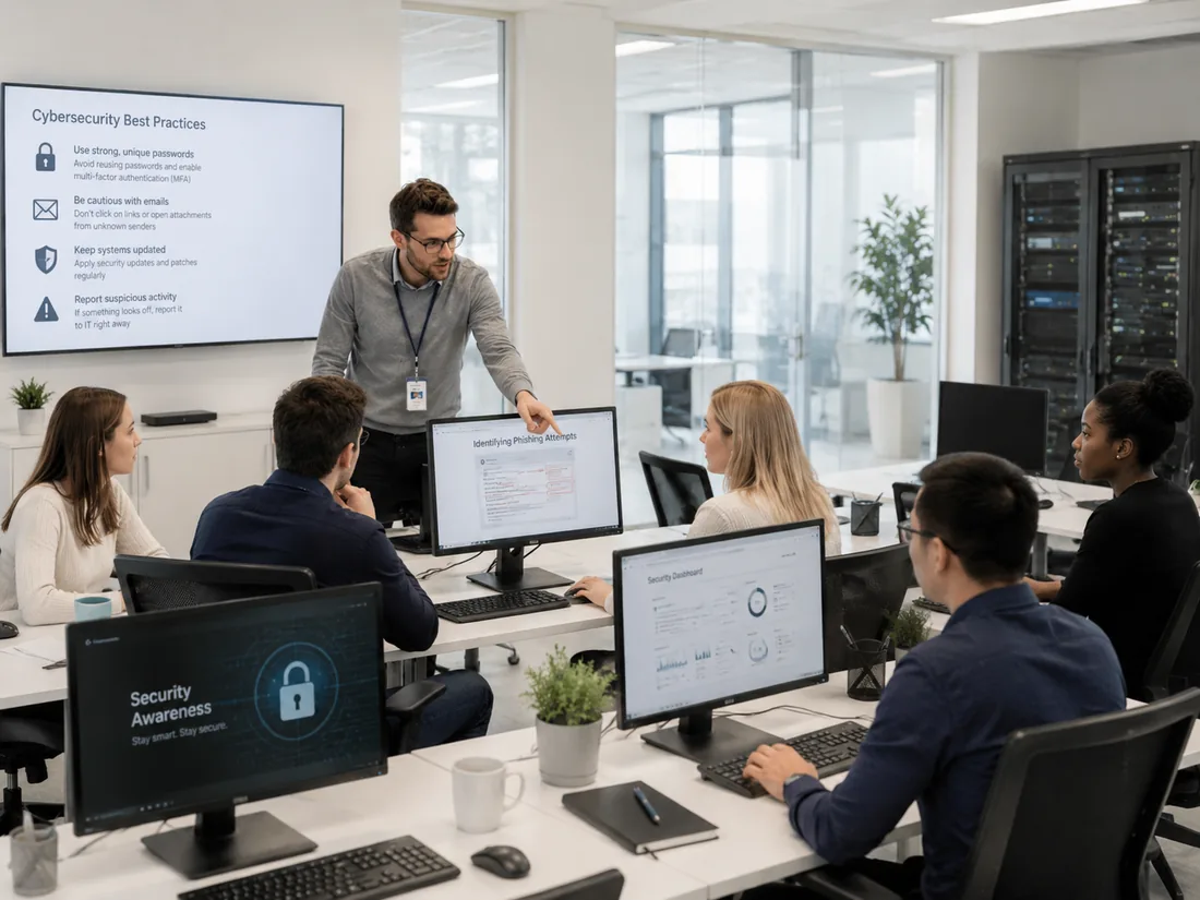 IT trainer teaching office employees cybersecurity awareness and phishing identification